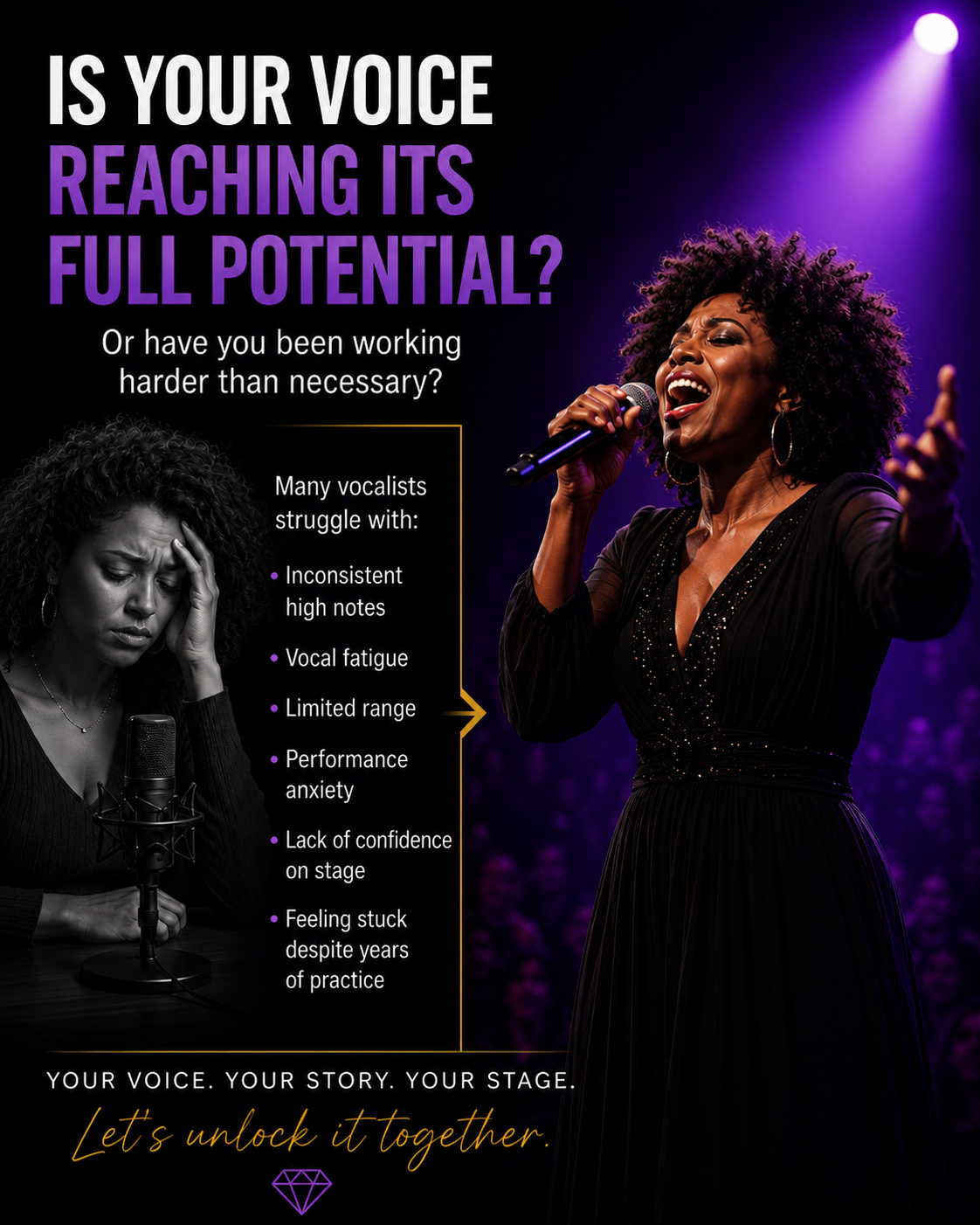 A woman singing passionately into a microphone on stage, with purple lighting in the background. The poster emphasizes the importance of vocal training and overcoming challenges such as inconsistent high notes, vocal fatigue, and performance anxiety, encouraging singers to unlock their voice's full potential.
