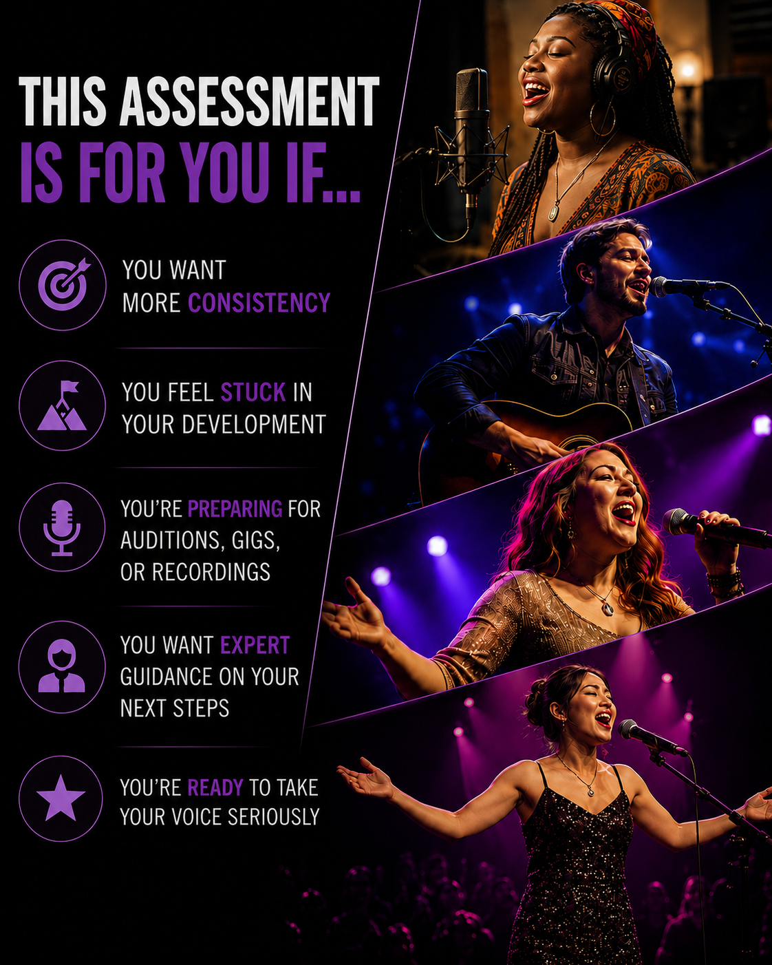 Four different singers of different nationalities performing on stage with lighting effects, alongside text about self-assessment for singers.