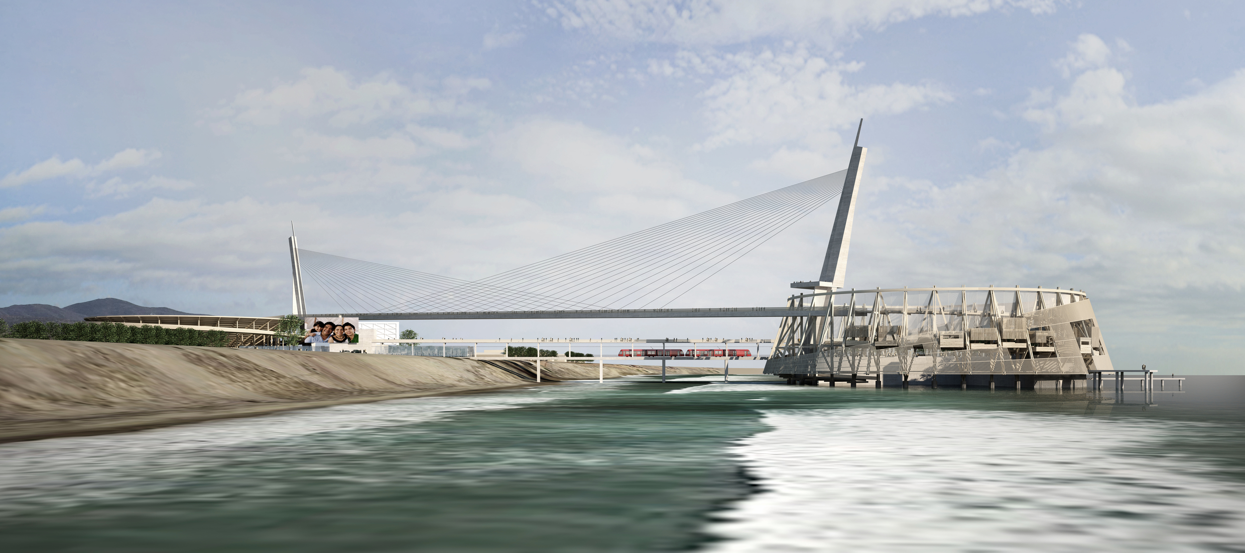 The Americas Gateway Bridge and the path of the Spiral Pier could be considered an unconventional walking promenade. Along the outside of the spiraling ramp are a series of gathering and meeting places that could be reserved in advanced by visiting family and friends. People could send in pictures before their scheduled visit, which would be displayed on a large welcoming screen located at the border crossing on land. La Línea Borrosa would create a new place removed from political bias. The Spiral Pier provides the opportunity to reflect on current immigration policies and the people that it impacts.