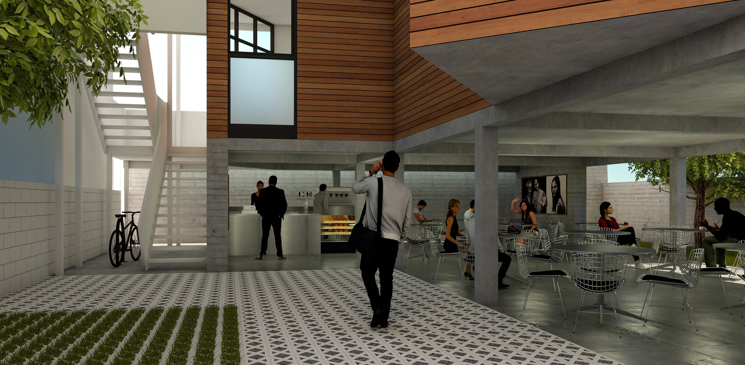 The lofts are lifted off of the ground, creating a large covered space on the ground floor. The space features Cafe Barrio, an open air cafe that serves beer and wine in the evenings. The cafe provides an opportunity for interaction between the inha