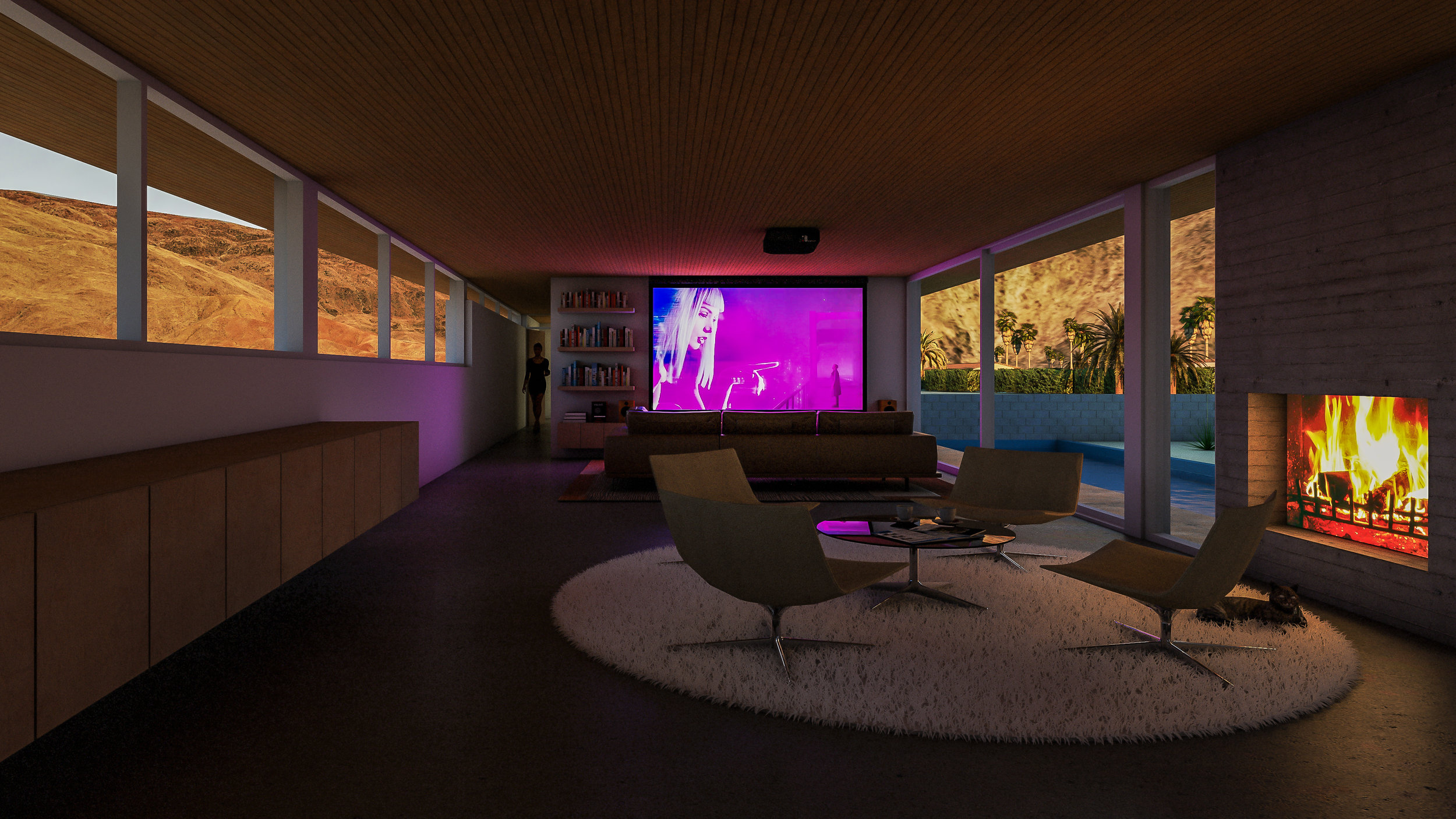 The living room, dining room, and kitchen are all one long open space. The end of the living space features a projector screen, allowing inhabitants to watch from any location in the room. 