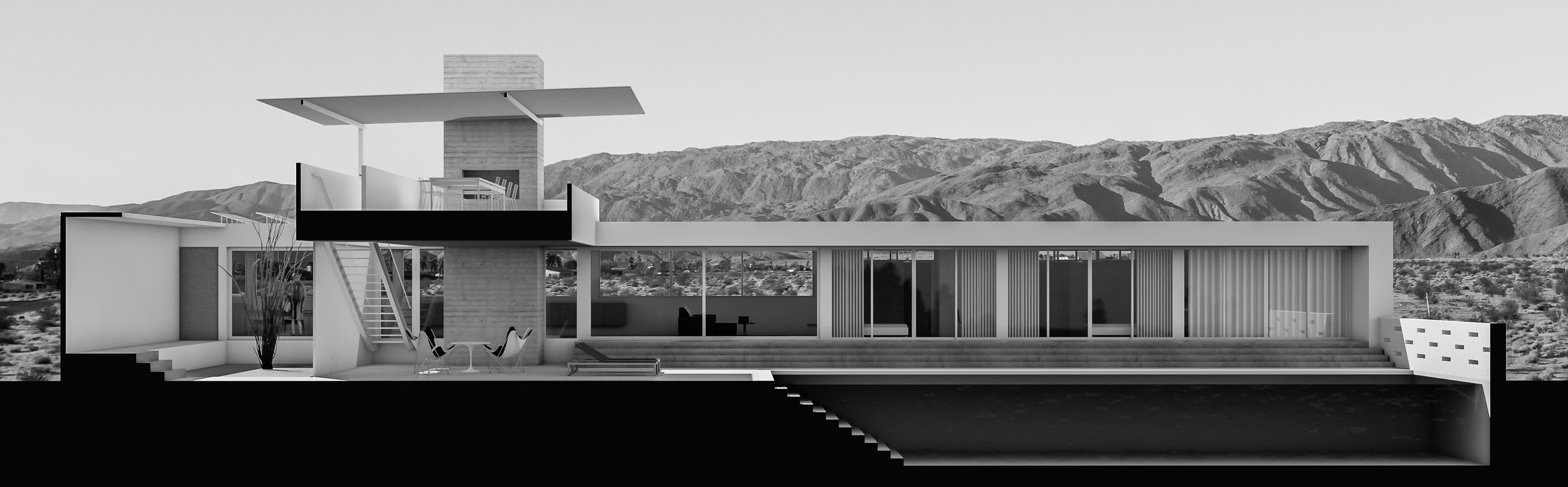 Over seven million years ago, during the Pliocene Time, much of southern California, including Anza Borrego, was not desert but actually an extension of the Gulf of California. Because of this geological history, the region features desert fauna and rock formation reminiscent of its oceanic past. Inspired by these qualities of the site, the building takes on the form of a desert ocean liner. 