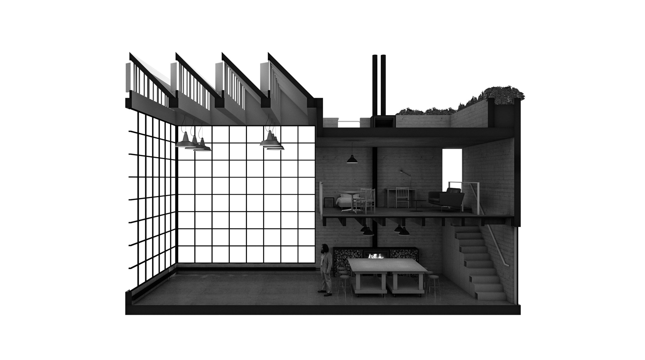 Two concepts for the Calamity Atelier architecture competition. The competition site is Arte Sella, a unique park in the mountains of northern Italy where people discover large outdoor sculptures as they hike through nature. The brief was to design five sculpture atelier where artists would live and work creating sculpture for the park. I decided to design a prototype for a studio that could be replicated. The studios would need large open spaces to work, good light, and a large door to bring in equipment and materials. Because the sculpture will ultimately be outdoors, it was important that the space have a strong connection with nature.