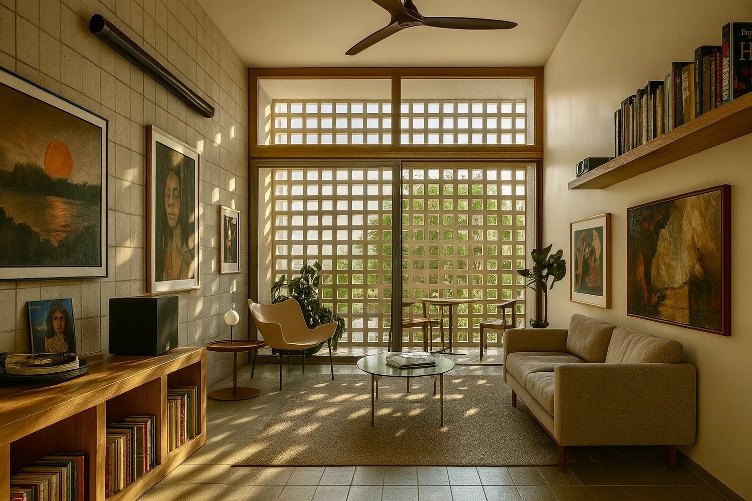 A perforated breeze block façade defines the building’s character and performance. It filters the harsh southwestern sun while preserving views, privacy, and a strong indoor-outdoor connection. By day, it reads as a textured, opaque monolith; by nig