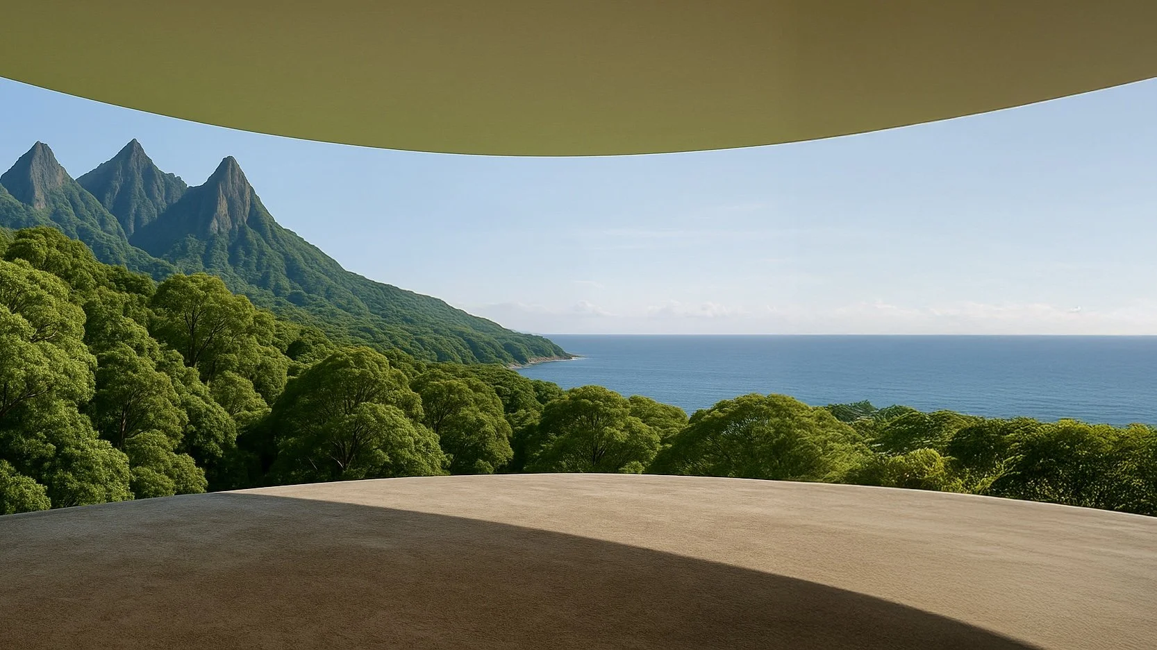 At the top, the architecture reaches its most open state. A cantilevered metal roof structure projects outward from the central core, with no perimeter columns, leaving the edges completely free to receive the expansive horizon of mountains and ocea