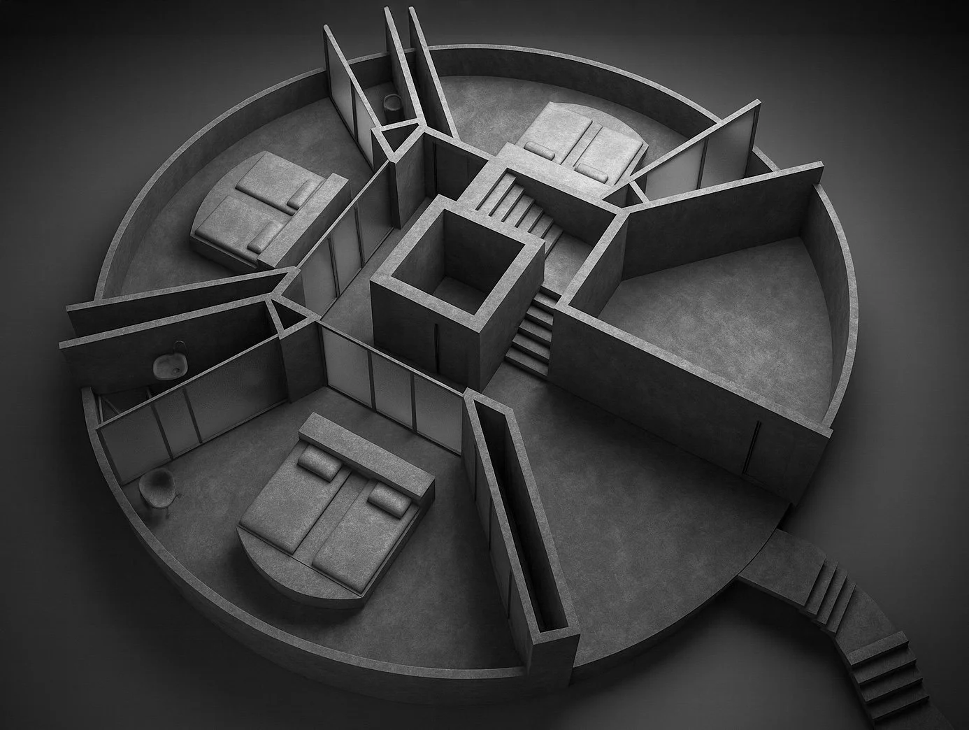 Here, three identical guest rooms are arranged with no hierarchy, each equally immersed in the quiet density of the forest floor.