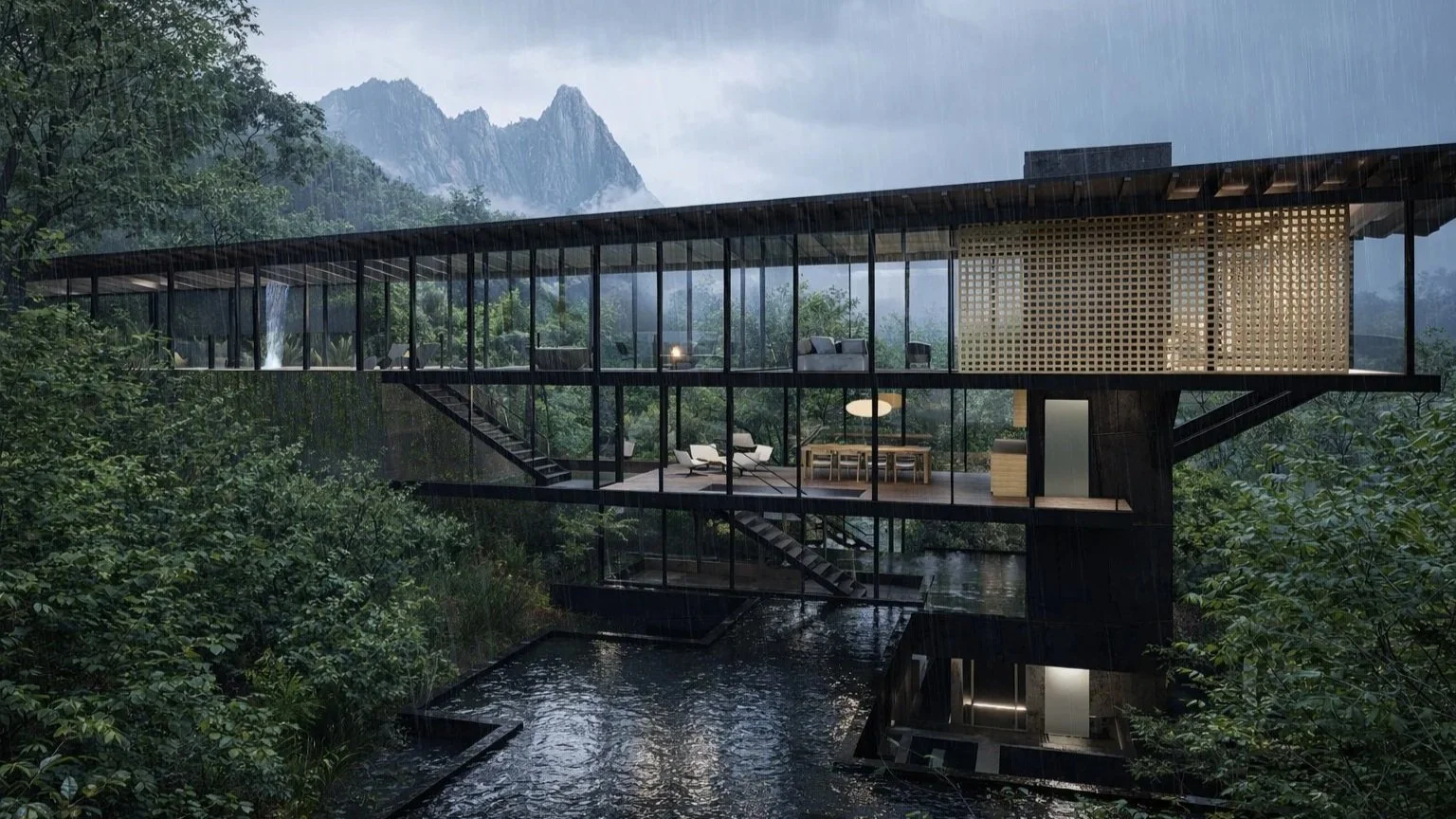  Rainwater is choreographed through two distinct paths. Above, a soaring butterfly roof captures Yakushima’s downpours and directs them into a waterfall that fills an elevated pool, where water overflows to animate the moss-covered concrete base befo