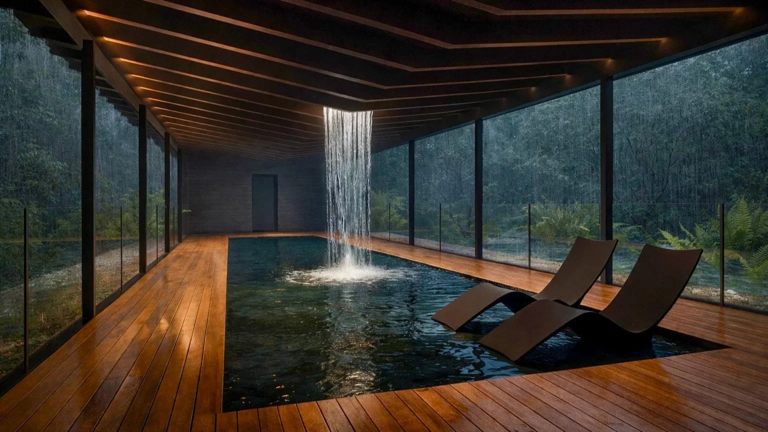  This expansive floor houses the living area and sauna complex, anchored back into the hillside by a long rain-fed lap pool.  