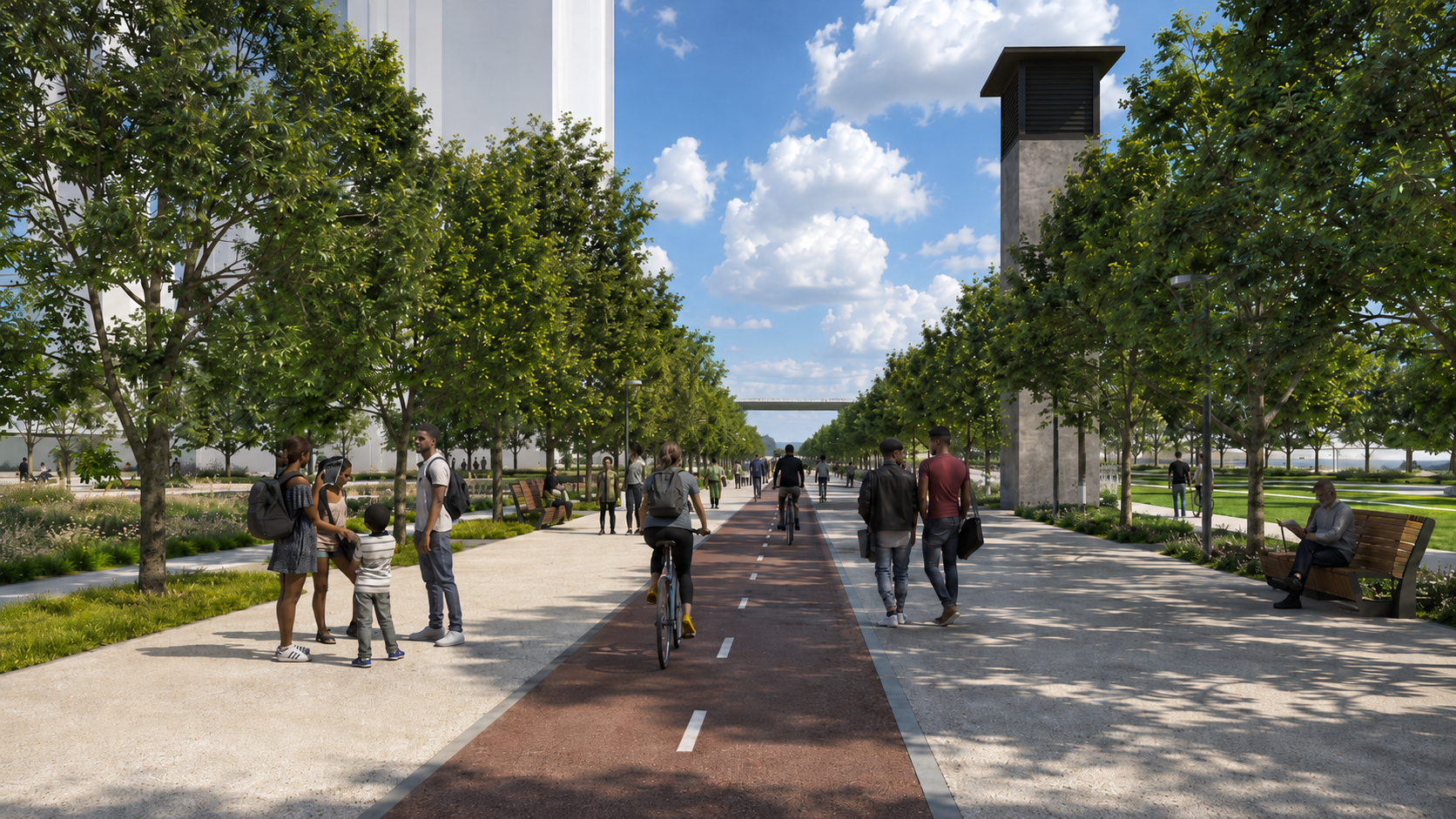  The relocated convention center serves as the focal point of the park, dramatically terminating the Harbor Drive Promenade. Elevated above the trolley depot, the center offers panoramic views of the city, bay, and surrounding mountains, embodying an