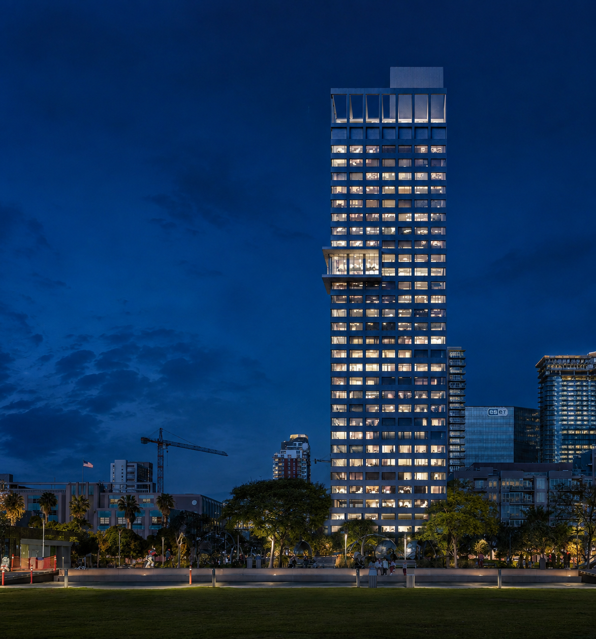 The structural façade of reinforced concrete allows  for free plans. Wide horizontal windows compliment uninterrupted views of the San Diego bay and the ocean to the west. 