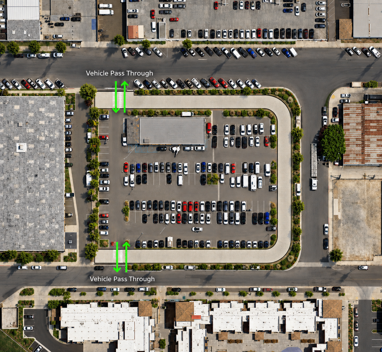  Here is a site plan of a typical site. The ribbon building wraps around existing parking lots perimeter, preserving its function while adding housing and activating the street with mixed use. 