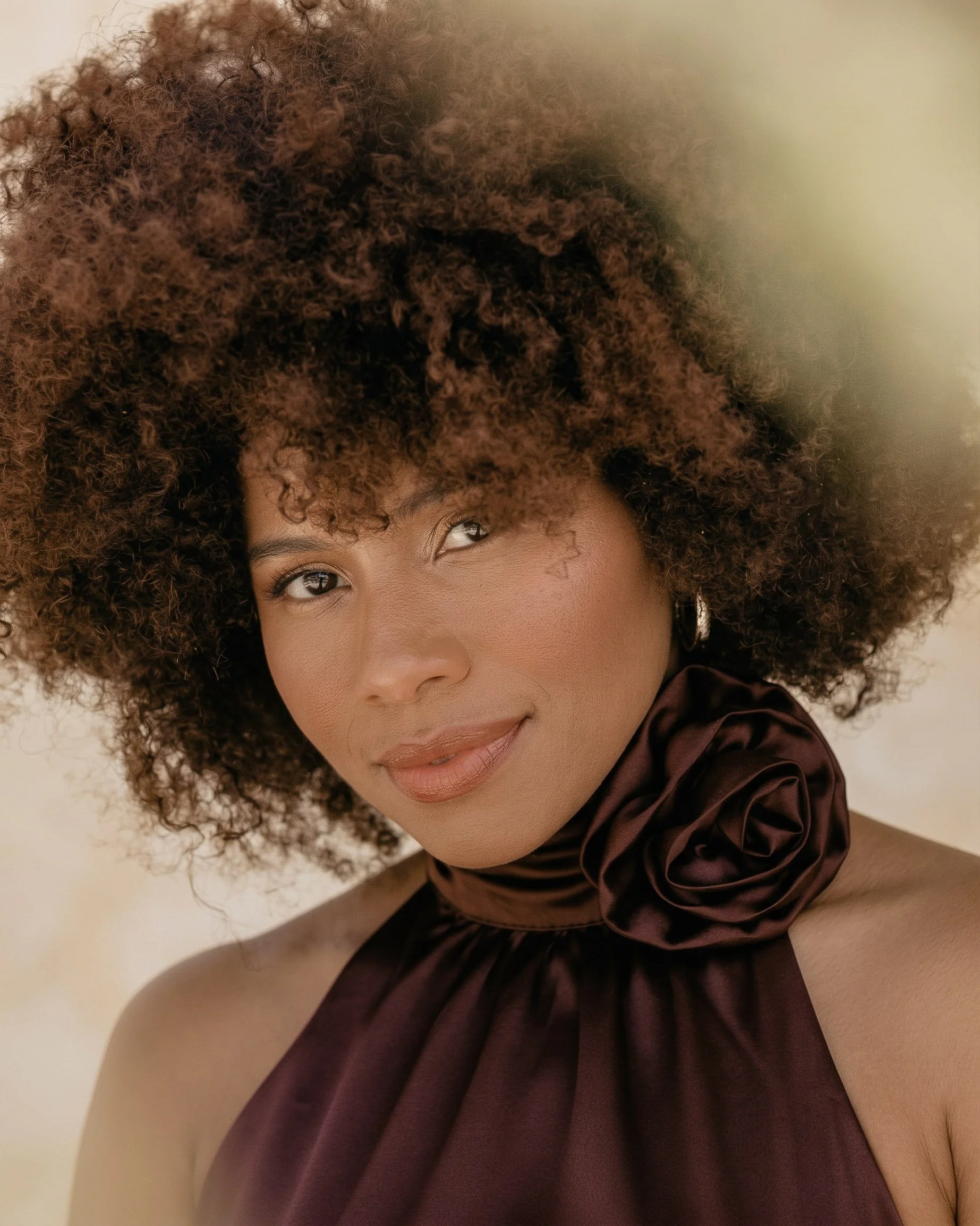 Editorial portrait photography: woman with brown hair styled short and wearing a dark burgundy/brown blouse. 