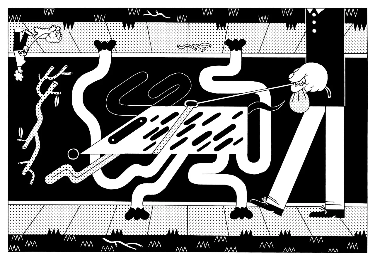 An illustration by Benjamin Urkowitz accompanying Tim Train ’s piece ‘Walking the Dog’ in our current issue, The Lifted Brow #22 . It’s well on its way to selling out, so we recommend you get yours now – just $9!