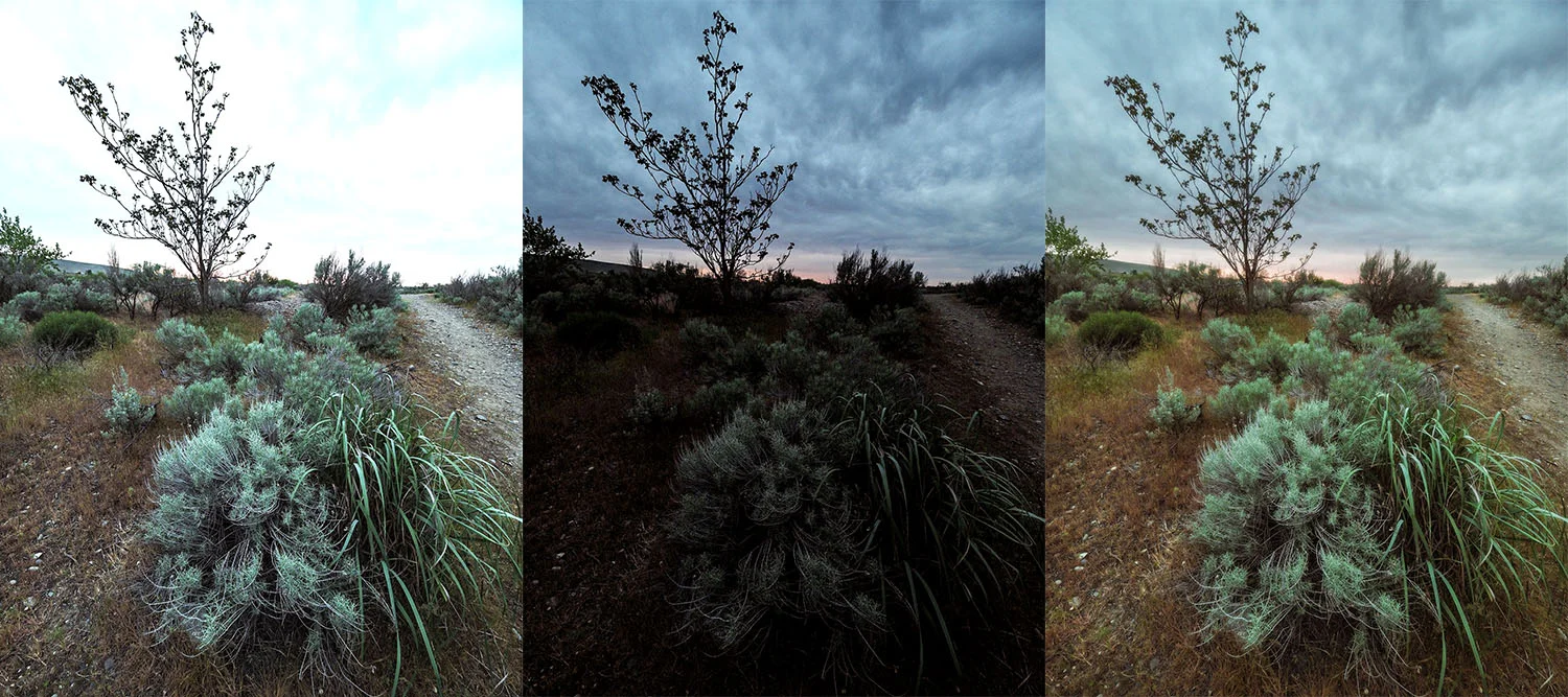 Left – The foreground is exposed correctly. Center – The sky is exposed correctly. Right – HDR composite image created by combining the properly exposed parts of the other two. Which one looks best to you?