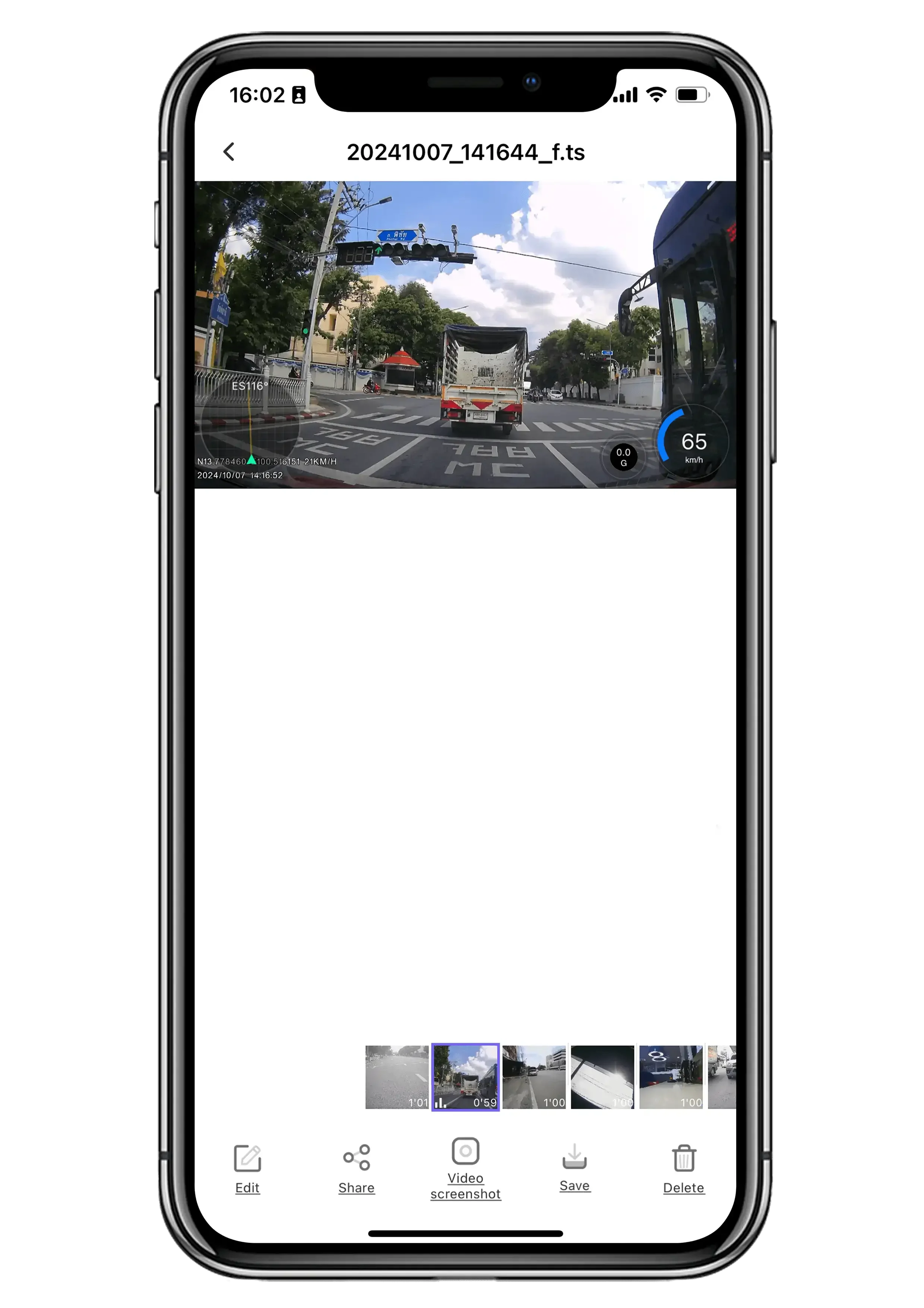 หน้าแสดงวิดีโอย้อนหลัง ในแอป ABT SMART VIEW GO 2K ของ ABT แสดงคลิปบันทึกจากกล้องหน้ารถ