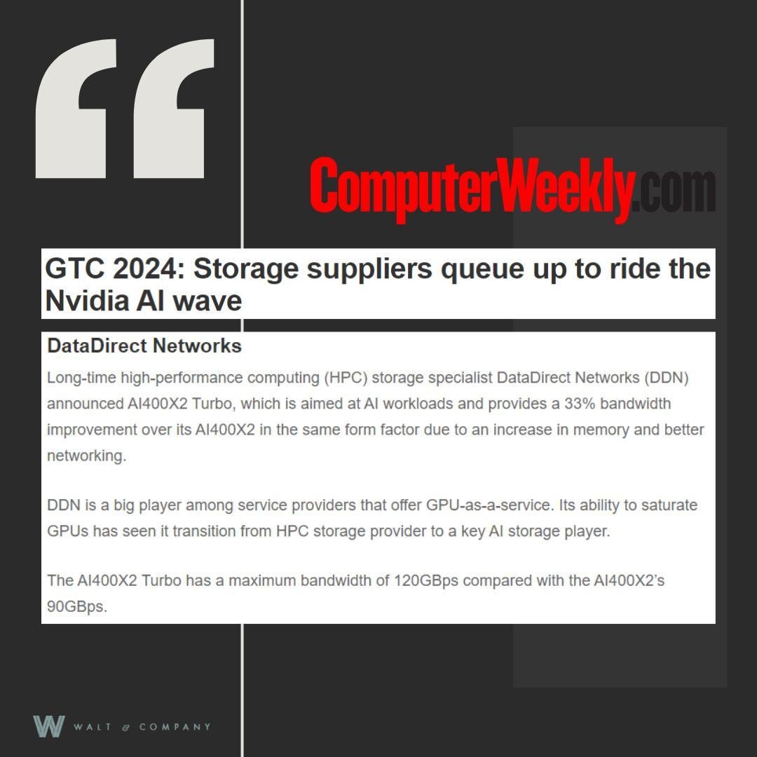 #ClientCoverage alert! Computer Weekly calls client @DDNStorage &quot;a big player among service providers that offer GPU-as-a-service. Its ability to saturate GPUs has seen it transition from HPC storage provider to a key AI storage player.&rdquo;