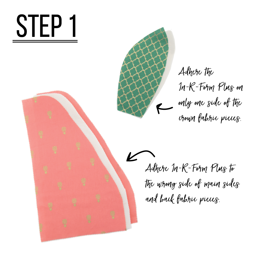 Step 1: In-R-Form Plus Adhere In-R-Form Plus to wrong side of main sides and back fabric pieces. Repeat for the lining pieces. The In-R-Form Plus should be completely covered on both sides by the main and lining fabrics. (To mimic the outside of a pineapple, quilt sides to form diamond shapes.) Adhere the In-R-Form Plus on only one side of the crown fabric pieces. 