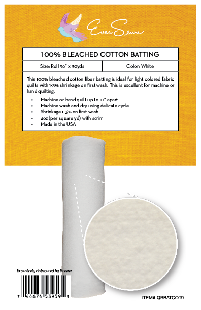 100% Bleached Cotton Batting, Roll 96” x 30yds — EverSewn
