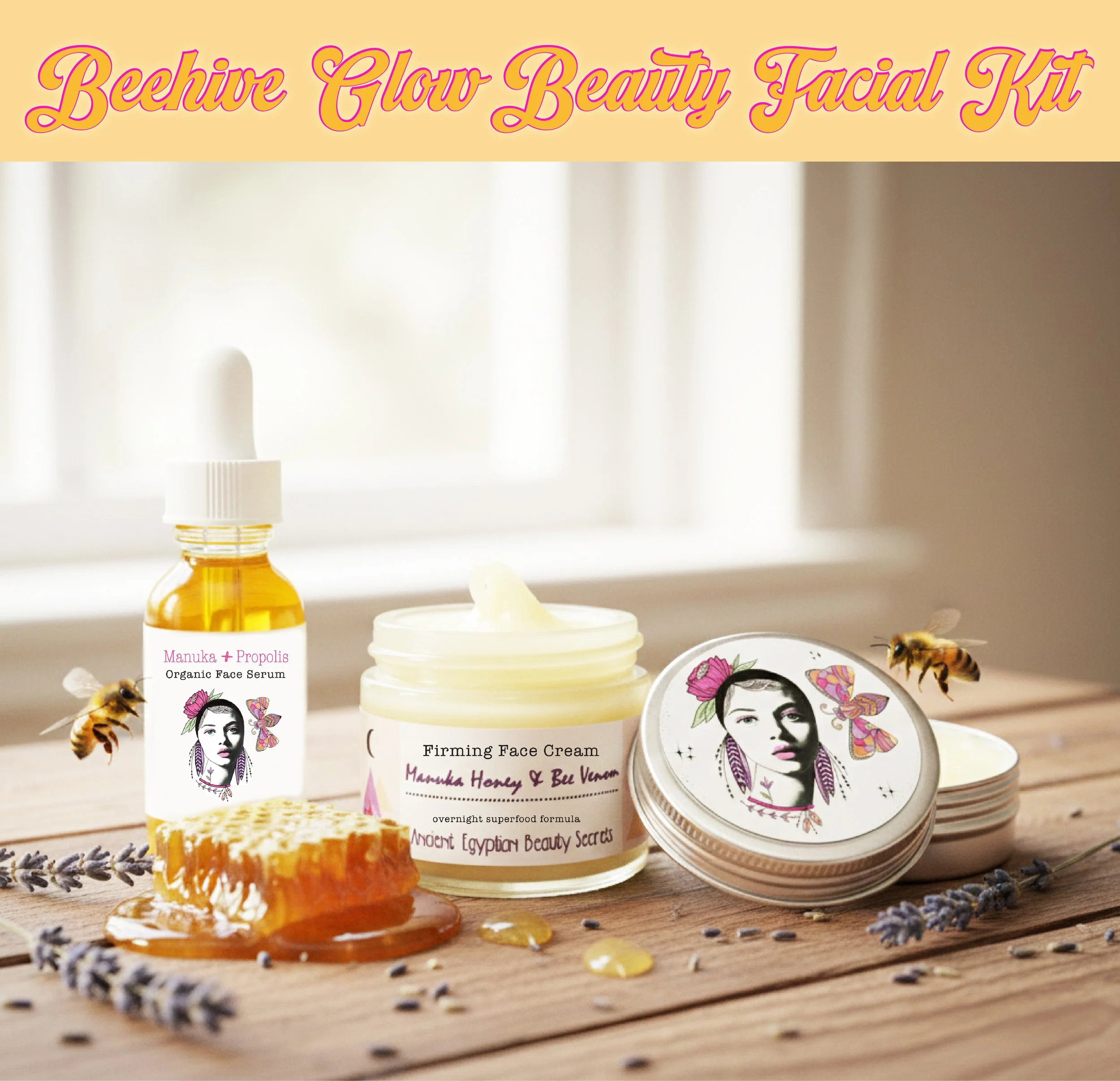 Organic Manuka Honey Bee Venom Facial Set / Propolis Superfood Serum, Firming Cream & Lip Balm Butter