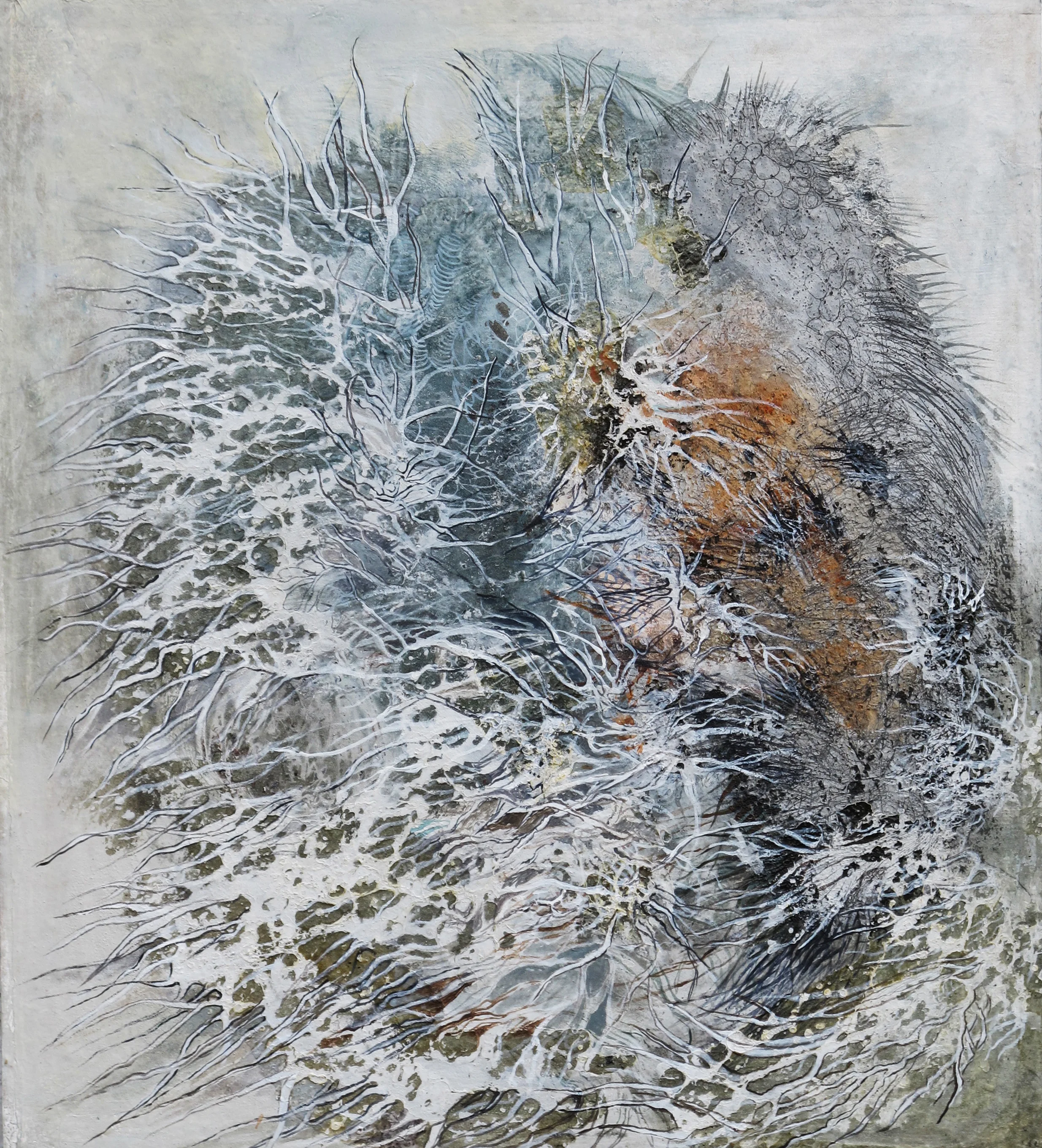 Begyndelse II 2014. Aske, akryl og pigment 54x60