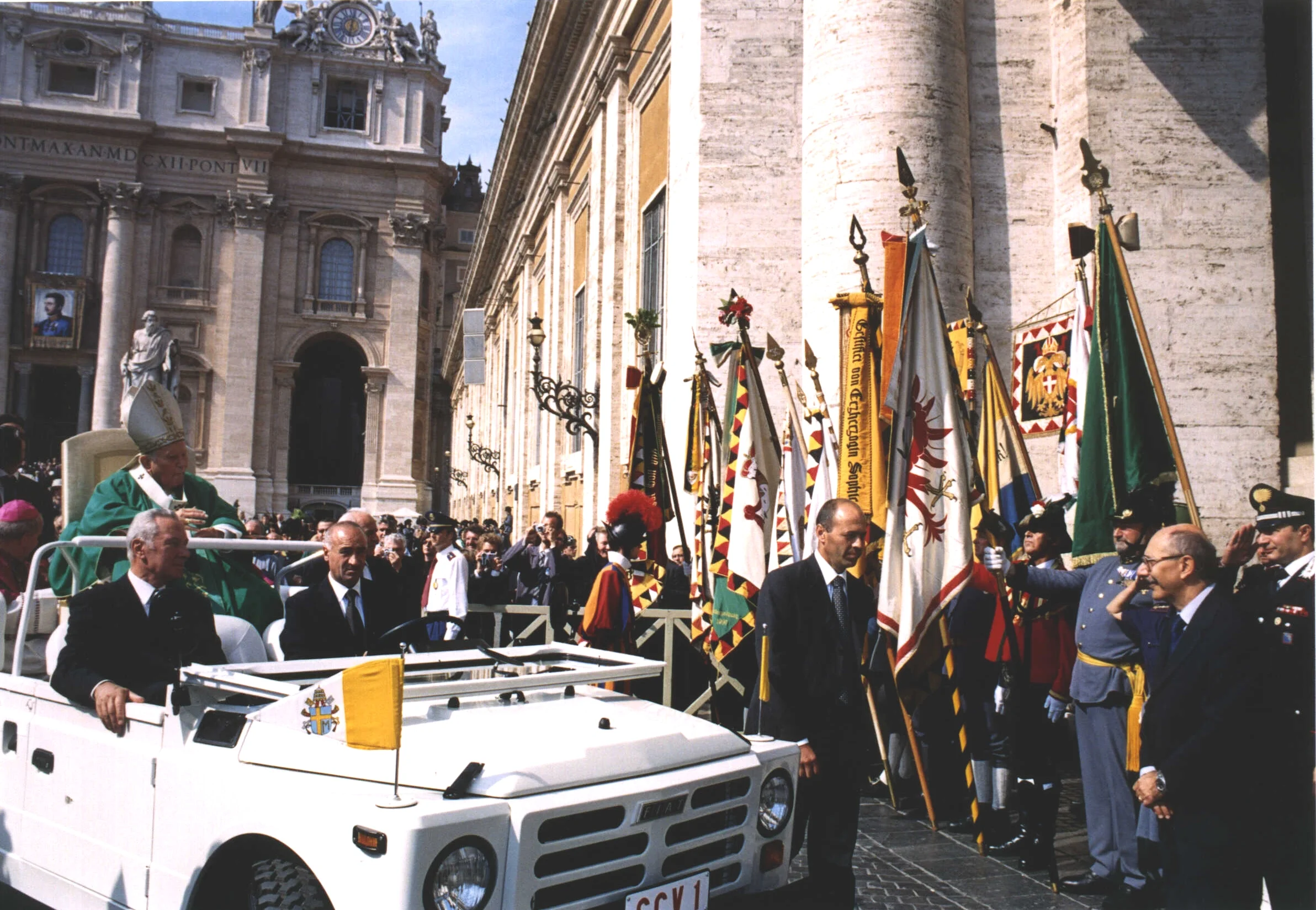 Beatification Mass of Blessed Karl presided over by Pope Saint John Paul II, 2004. Note the banner of Blessed Karl in the background.