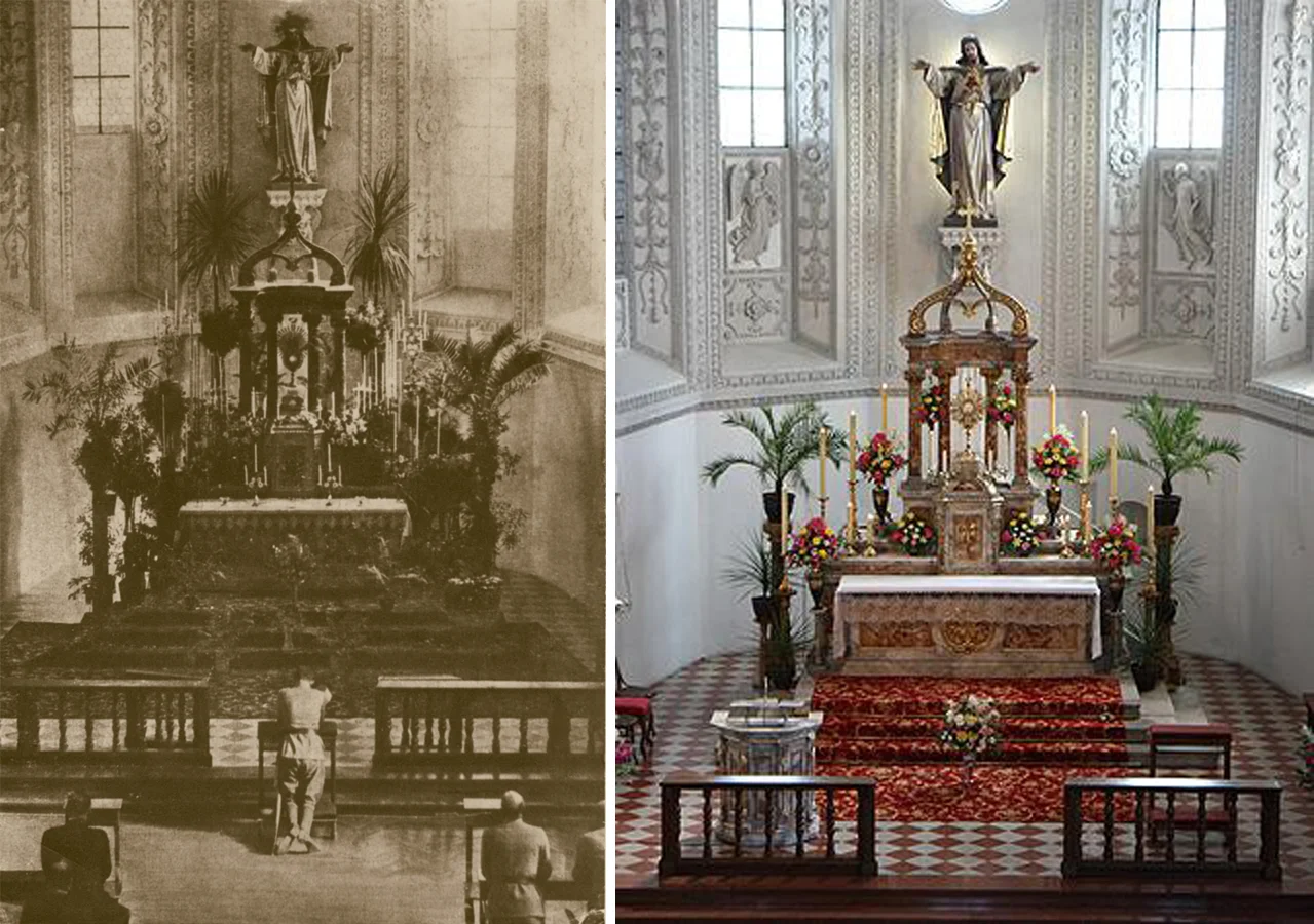 Photo Left : Blessed Karl kneels in prayer at Sacred Heart Church Hall in Tirol, Austria, before the Sacred Heart of Jesus during exposition of the Most Blessed Sacrament, circa 1916. Photo righ t: The Church today. Closed in 1793 as part of Josephinism reforms, Sacred Heart Church was converted to a storage room, armory, and later a theater hall. In 1912, with the help of Archduke Franz Ferdinand, the Daughters of the Heart of Jesus reinaugurated Sacred Heart. Today, Sacred Heart is as vibrant as ever, with the church serving as a place of pilgrimage with the Daughters of the Heart of Jesus maintaining perpetual adoration of the Most Blessed Sacrament. Since 2001, there has been an annual pilgrimage to the Church. For more information about the Church and pilgrimage, click here. 