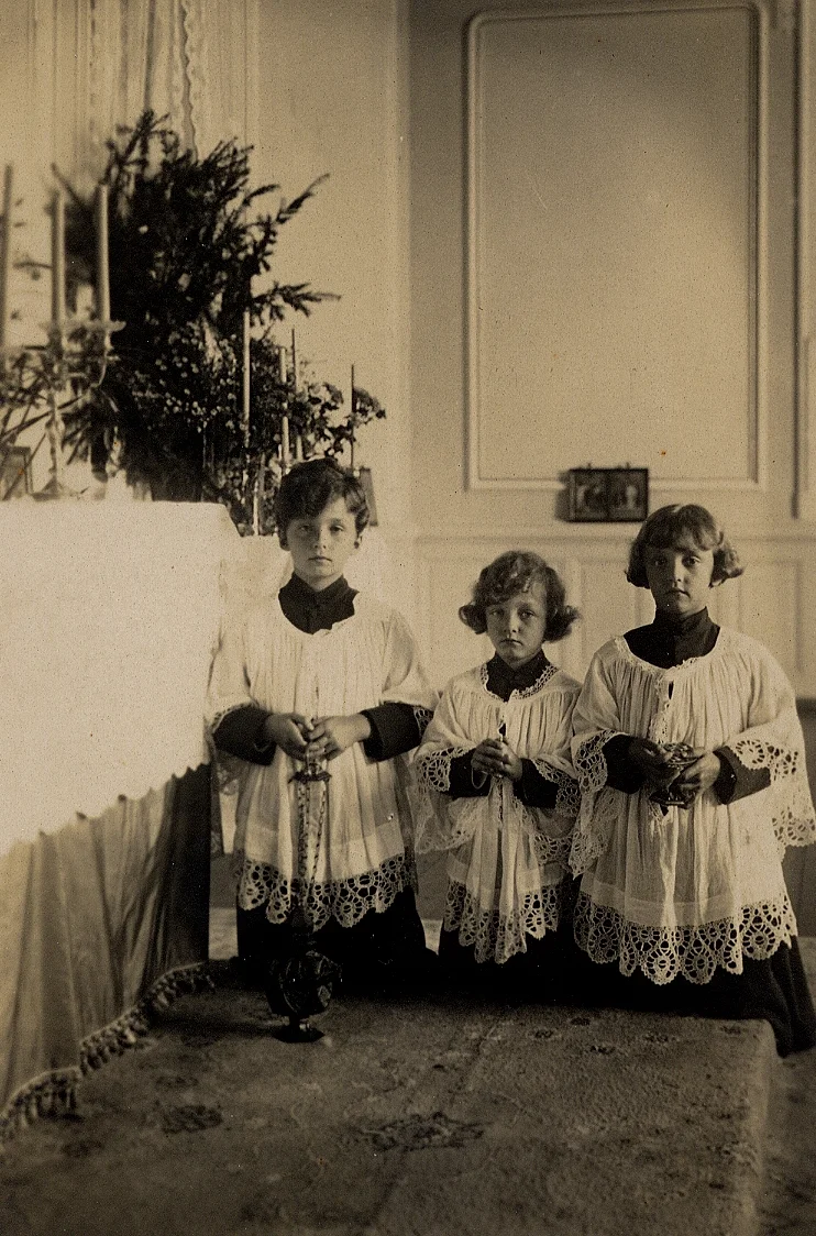 Blessed Karl’s sons, Archdukes Otto, Felix, and Robert, as altar boys during the Christmas season in the house chapel during the family’s exile in Switzerland.