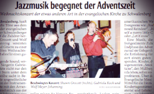 BESCHWINGTES KONZERT Weihnachtskonzert der etwas anderen Art in der ev. Kirche Schwalenberg (Shawn Grocott, Gabriela Koch und Wolf Meyer-Johanning)