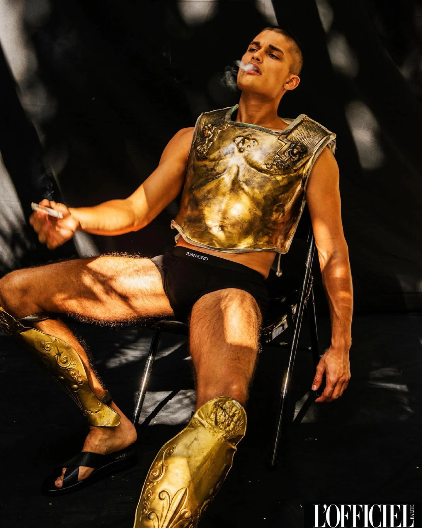 @lofficielbaltic @tomford  with #model @michaelgioia_ #styling @mikestallingsny #grooming @stephanieselan #production @firstoptionproductions #locationshoot @casanegramiami #roman #warrior #nosmoking #actor #onset #battle @kateryaninc #golden #ready 