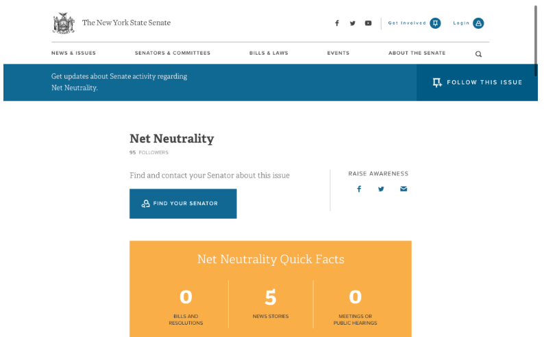 Caption: Screenshot of NYS Senate’s Net Neutrality page, taken on 11/6/2018.