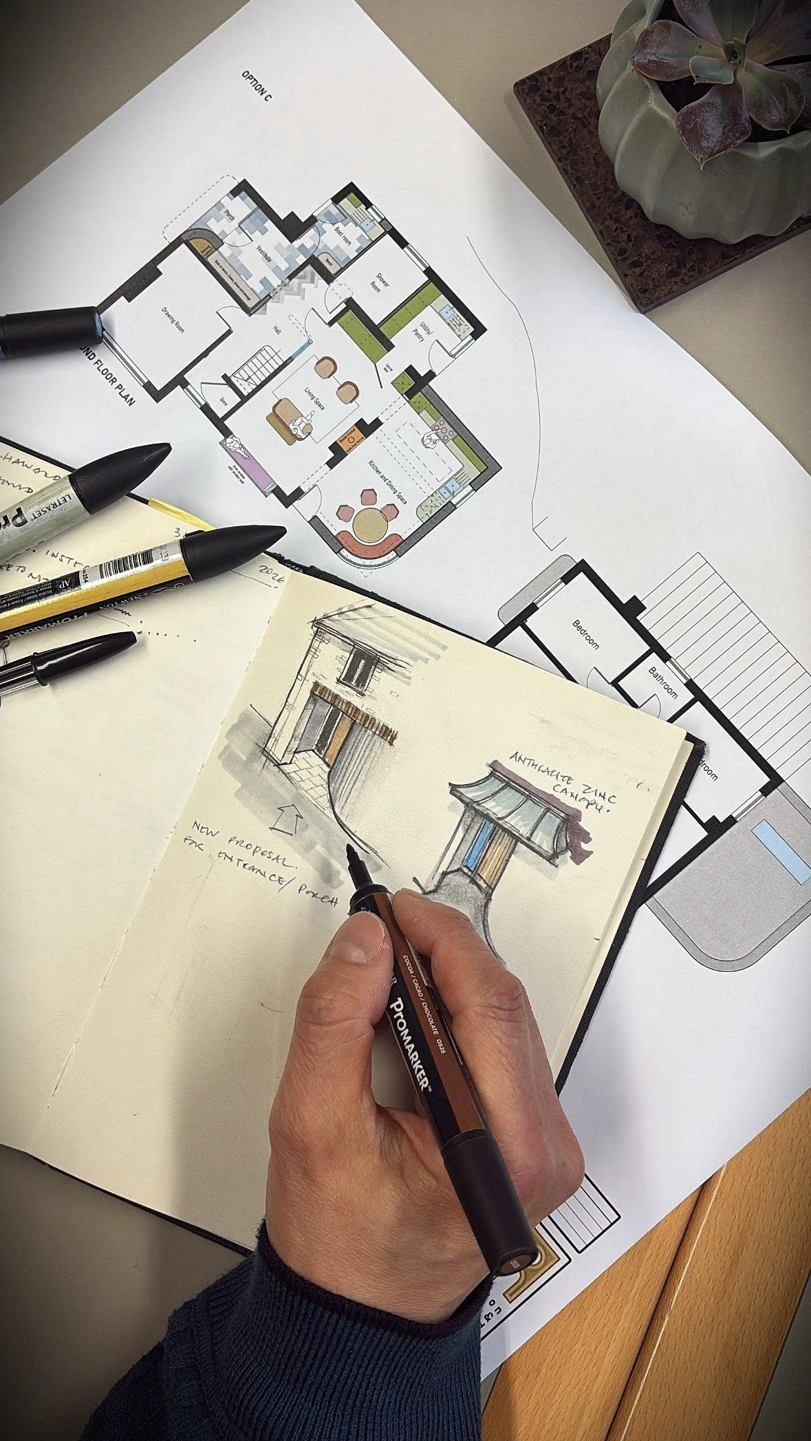 Flintshire Architects Hand drawn conceptual sketch residential house entrance porch