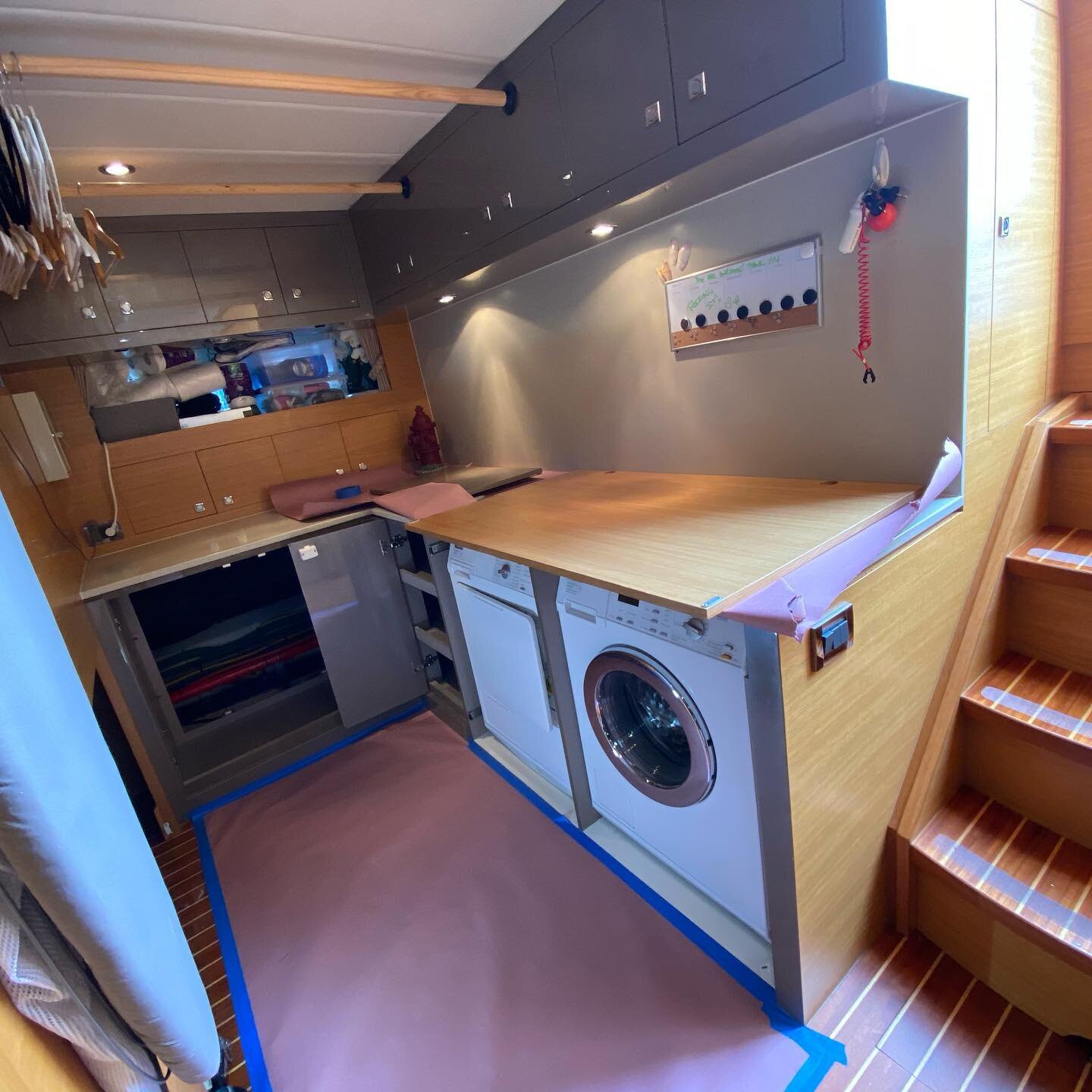 A few things going on here... Client wanted to swap existing washer and dryer and add another dryer, only one minor issue being the aft door frame had to be removed to do so.  After a little cutting and some shoehorning we were able to make the swap 