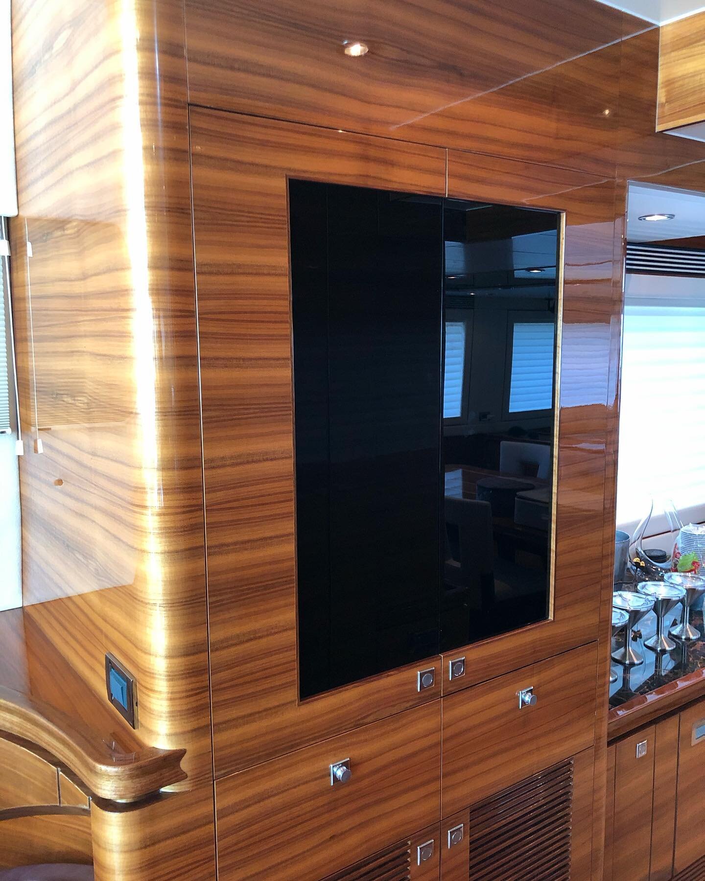 Successful install of this pantry organization insert aboard this beautiful horizon.  The starboard is cut to locate the storage containers and can be pulled out if a bare shelf is desired.  Simple and effective #yacht #woodworking