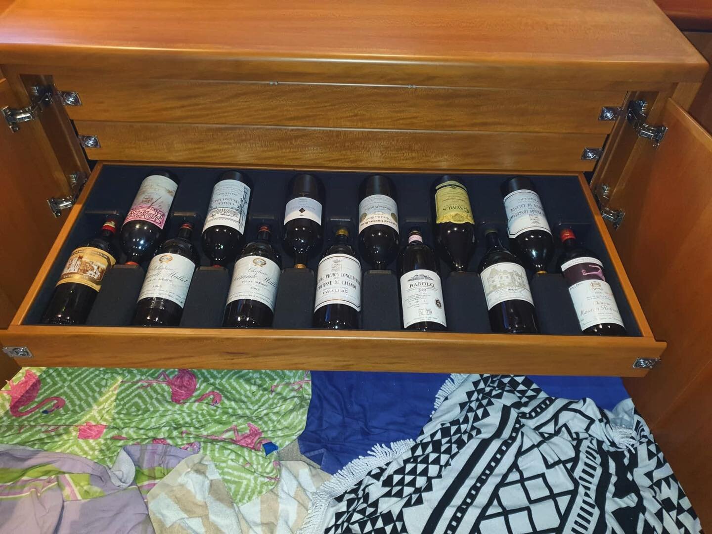 #wineamoraz fully stocked and ready for a crossing.  Thanks for the pic cap&rsquo;n #yacht #wine #woodworking