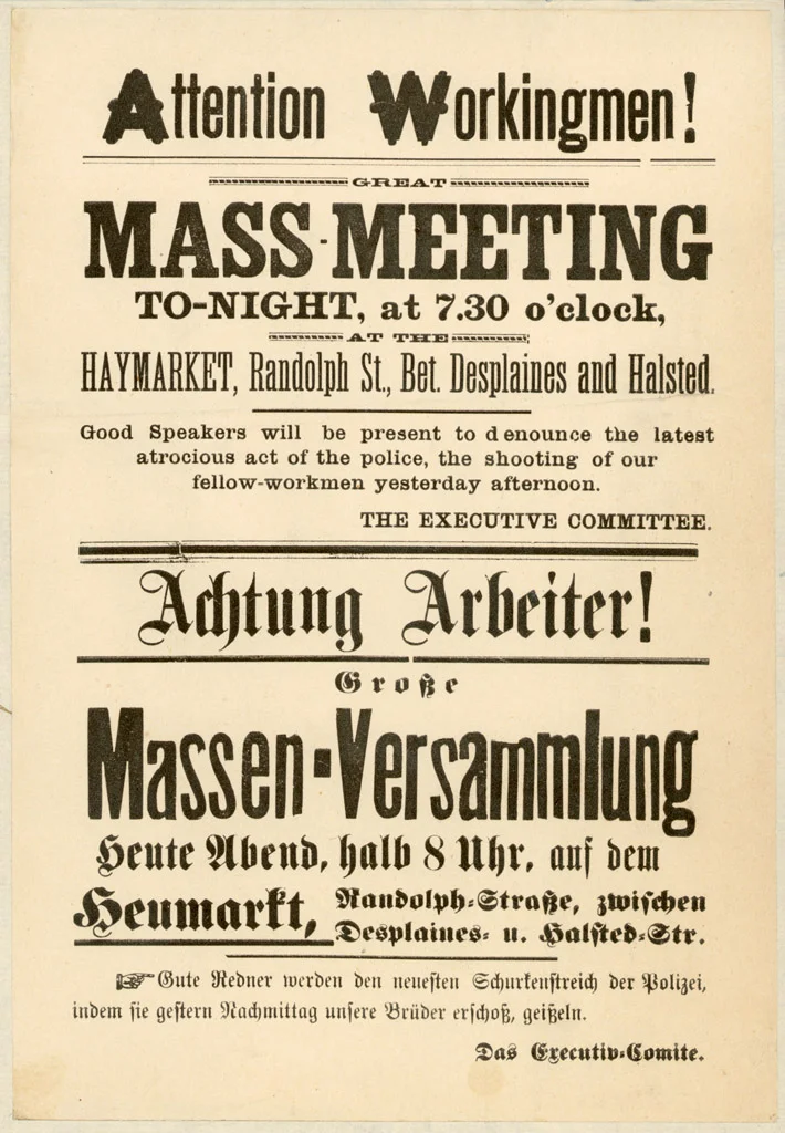 Poster calling for the fateful gathering at Haymarket Square in May 1886