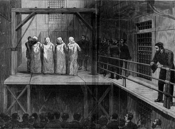 Illustration of the hanging of four of the anarchists convicted of killing police at Haymarket