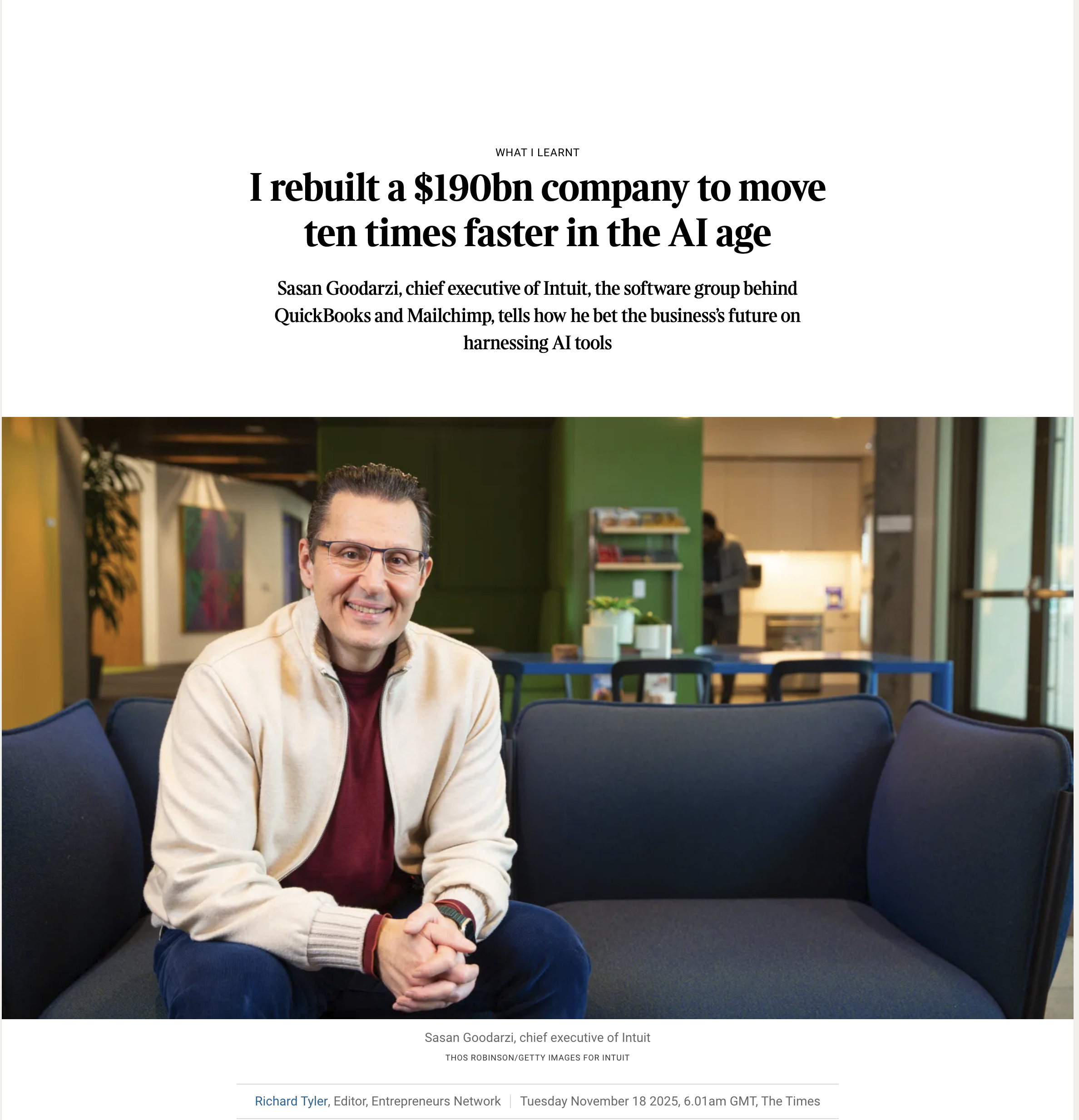  Editorial portrait of INTUIT CEO, Sasan Goodarzi in The Times 