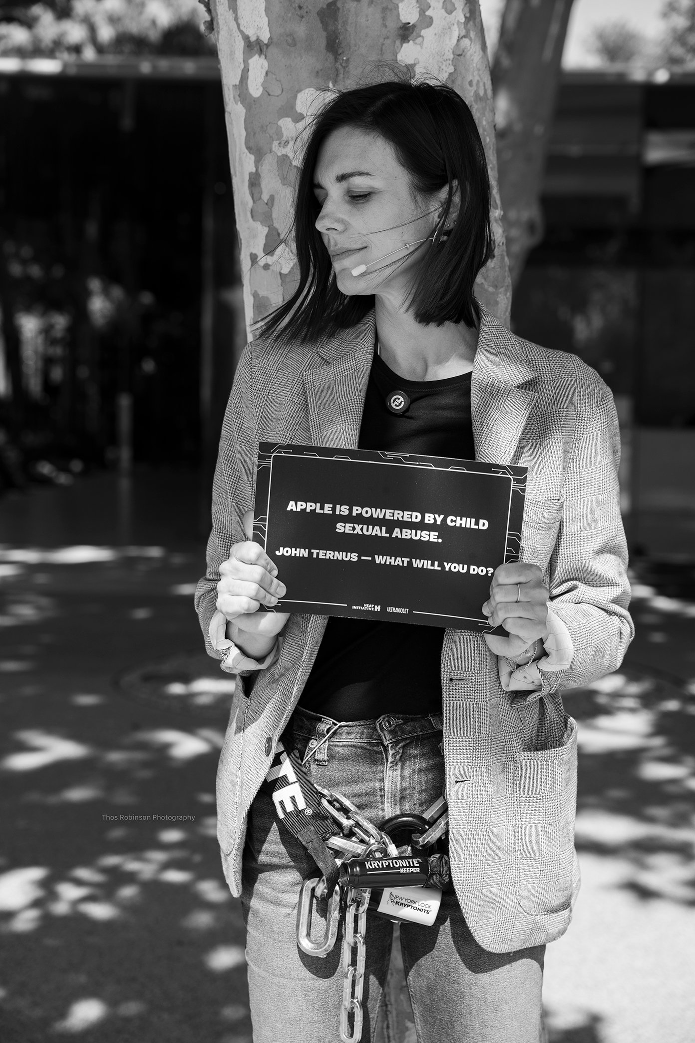  Heat Initiative CEO, Sarah Gardner chained herself to a tree to at WWDC2026 to protest Apple's use of Grok, X, and all nudity technology from their app store and sexual abuse material stored on iCloud that is estimated to earn a minimum of $117 mill