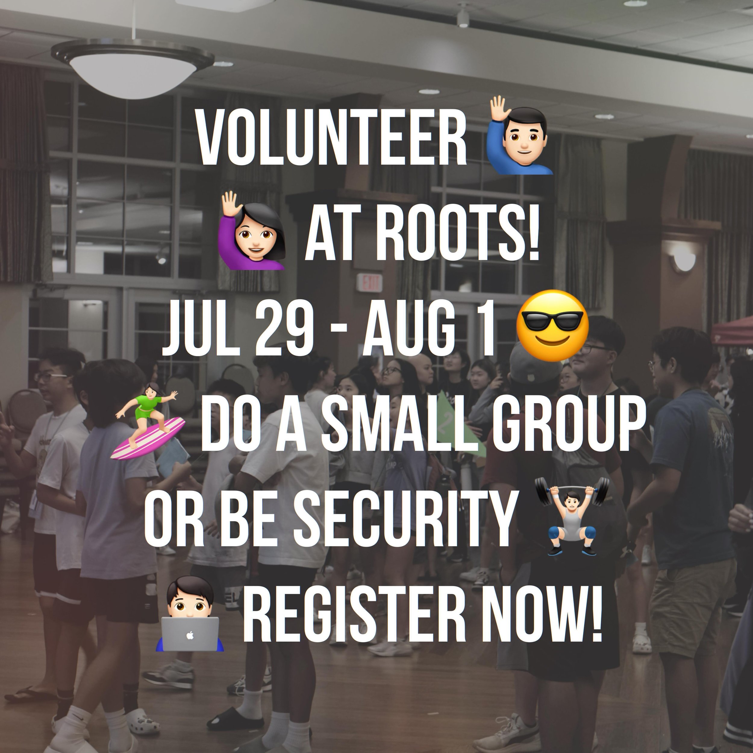 Help out at Roots as a small group leader or as a security team member! Go to ROOTSRETREAT.ORG and register today!