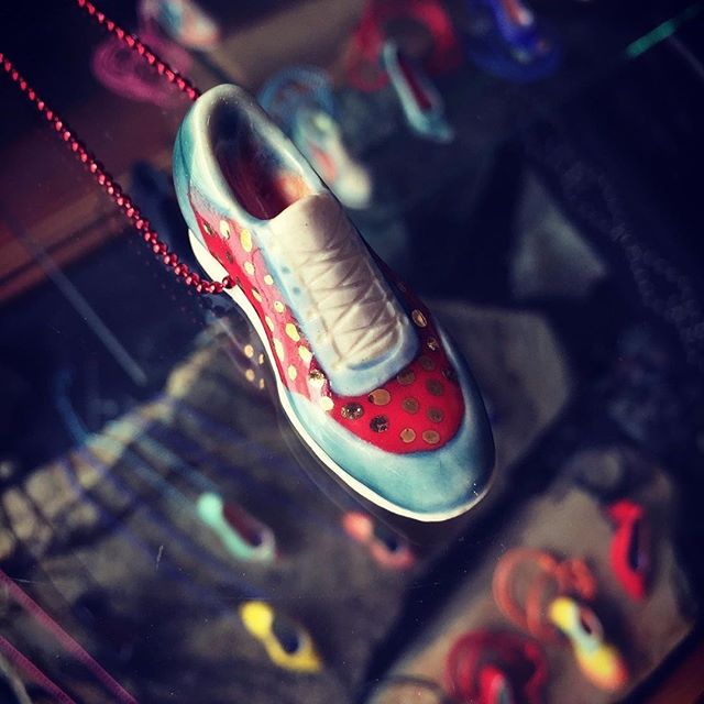 Posted @withrepost • @asifstudios We’ve got a jewelry case full of ceramic shoe necklaces by Carmen Lang !!!@carmen.lang.m ...Each one is hand painted with gorgeous detail in vibrant high fire glazes! Join us for an opening reception Friday, August 23rd, 5-8pm for her solo exhibition of large and small sculptures in clay and paper mache. Plus a series of leg and shoe drawings on paper and some beautiful figure studies - all of which were created at ASIF’s Wednesday night figure drawing sessions with @ncfigurativeart .
.
.
.
#ceramics #ceramicshoes #ceramicsculpture #carmenlang #gallery #artcenter #asifstudios #figurativeart