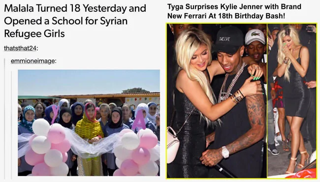 Popular internet meme comparing how Malala Yousafzai and Kylie Jenner spent their 18th birthdays. The school for Syrian refugee girls was built by the Kayany Foundation with a grant from The Malala Fund. 