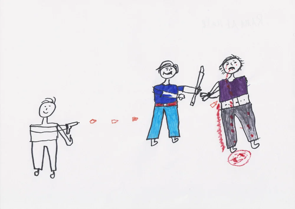 While Rama (seen and heard right) was creating this drawing of a man being beaten, tortured, and then shot, she recited a rap from a Syrian musician about freedom, expression, and solidarity. 