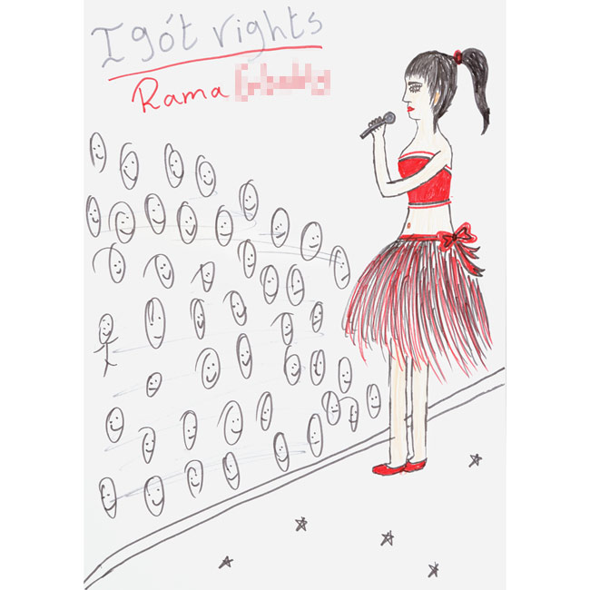 Later in the session, when asked what she hoped for in the future, Rama made the drawing above (her last name obscured). I had hoped to recreate her dream within the camps, but finding the right doll proved challenging. The ones I found lacked the substance seen in the young woman. 