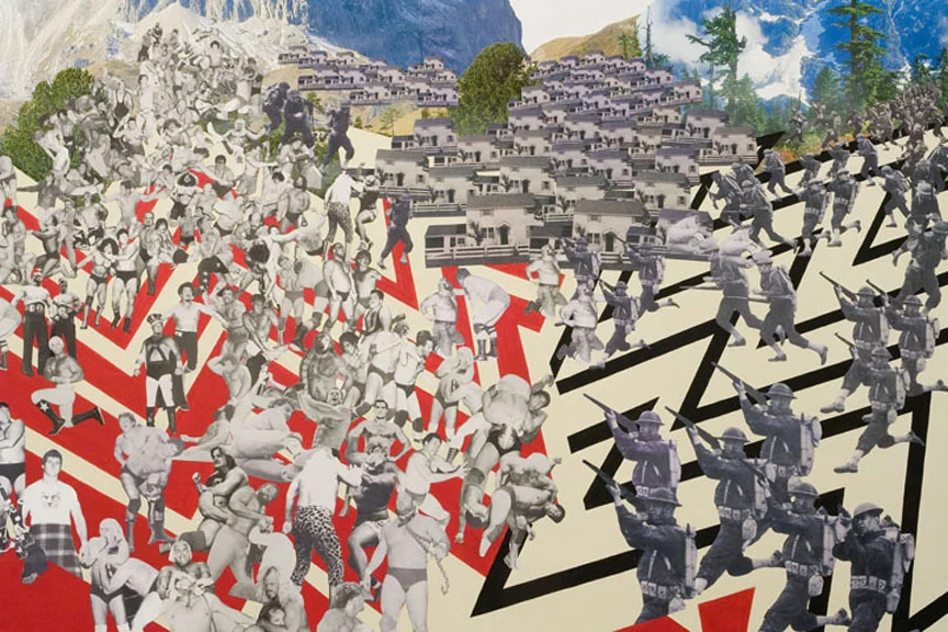 t-r-o-u-b-l-e with a capital POW! (detail), 2007 Paint and collage installation 13' x 30' Pratt Institute, Brooklyn, NY