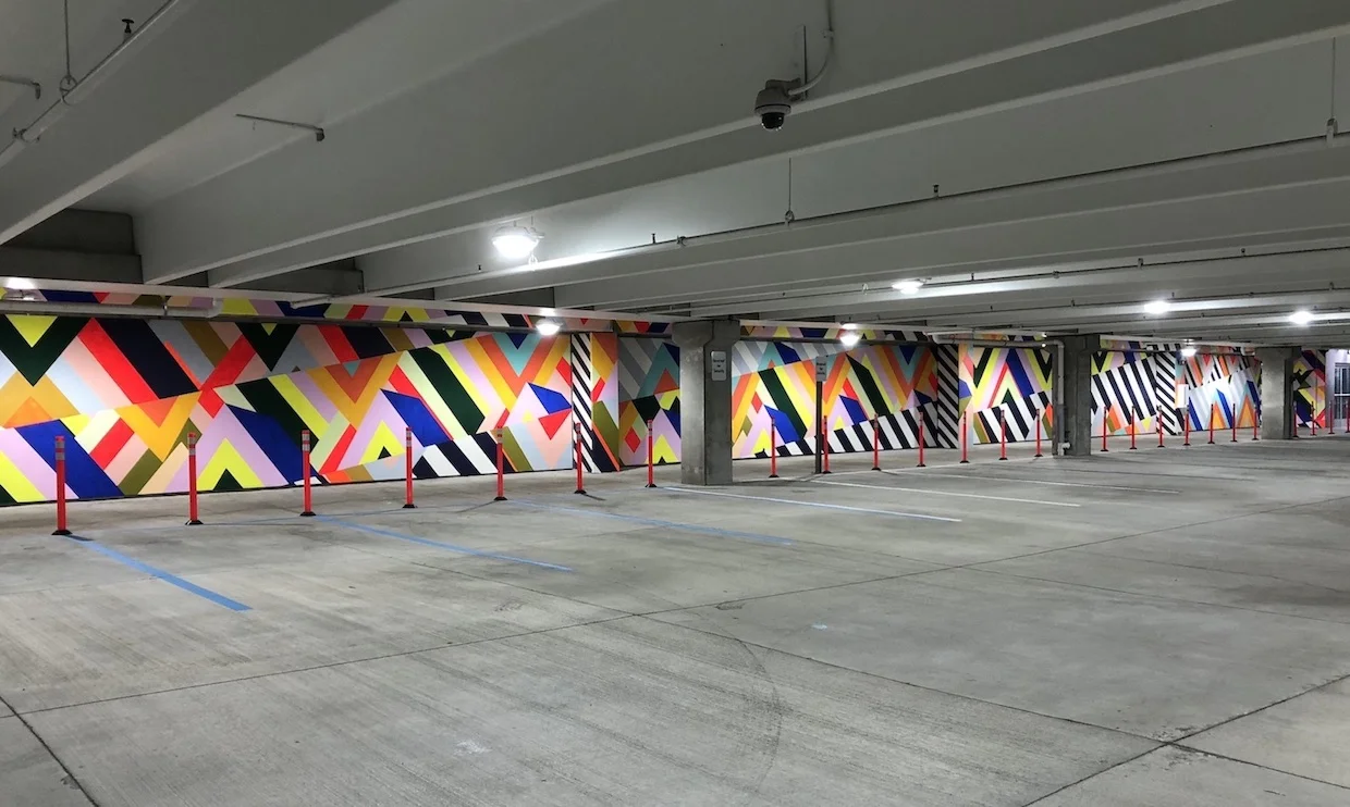The Dazzle Colonnade , 2018 Paint on concrete and wood Depot Garage at Promedica Headquarters, Toledo, OH