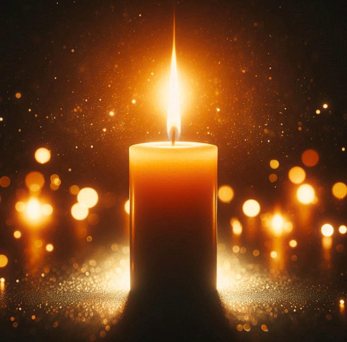 Amber colored pilar candle lit with numerous dots of light surrounding the candle