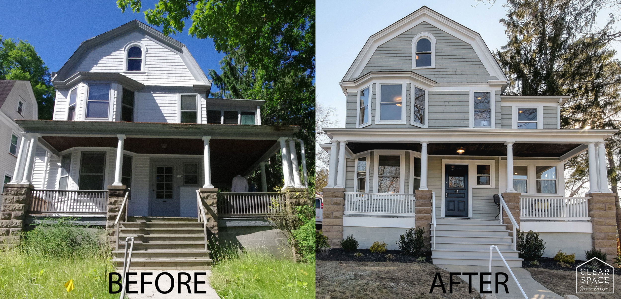 Here's the before and after of 114 Prospect Place in South Orange, NJ. We enclosed the side porch to create a family room and much needed square footage on the first floor. We also enclosed the second floor open air sleeping porch into a luxurious master bath with walk-in shower and walk-in closet.