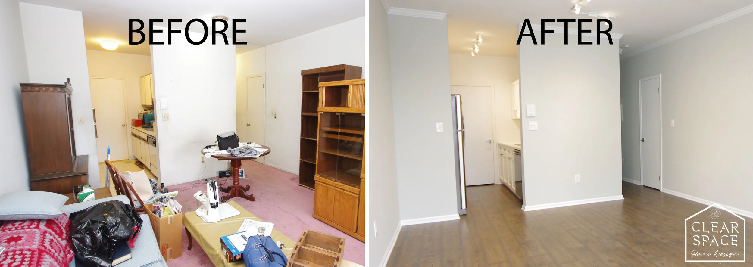 Good bye mauve carpet and bleak lighting! Hello durable wood-look laminate floors, soft gray paint, crown molding and brighter, dimmable lighting.