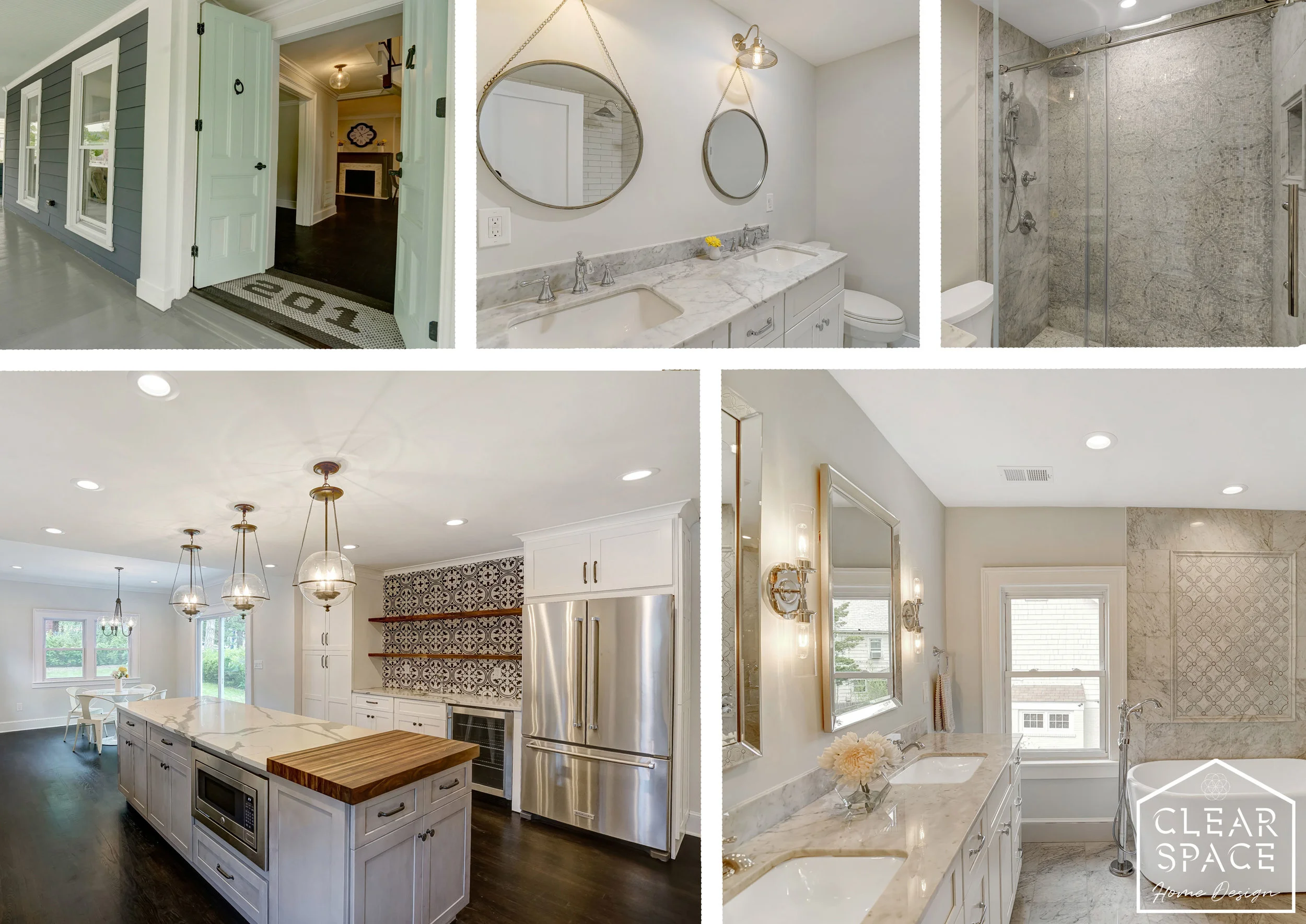 Here's a little overview of some the WOW factors... entry doors and tile, Carrara marble baths, tile feature walls and an expansive kitchen with custom walnut chopping block, floating shelves and Moroccan feature tile.