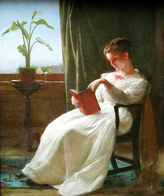 A young woman reading while sitting by a window. Painting in Girl Reading by George Cochran Lambdin